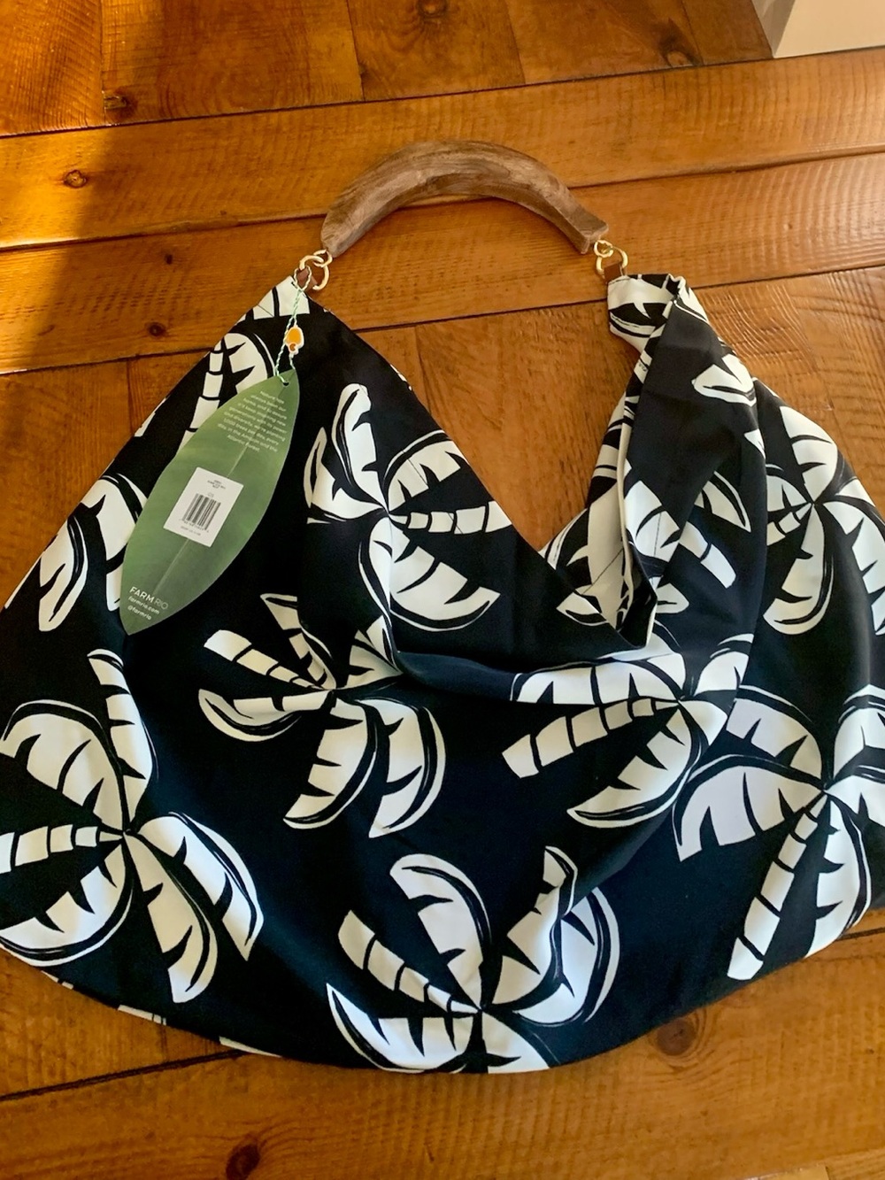 NEW FARM Rio Black And White Scarf Tote Bag Wood Handle Reversible Palm Trees - Picture 8 of 12